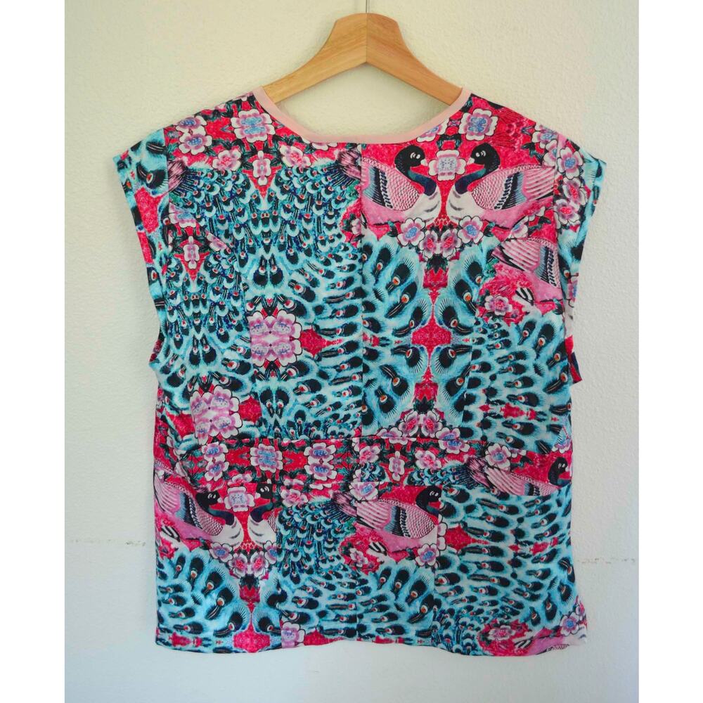 Silk Boho Floral Y2k Peacock Print Top - Picture 5 of 5